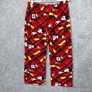 Disney Women Pajama Pants M Mickey Mouse Holiday Plush Fleece Plaid Wide Leg Red